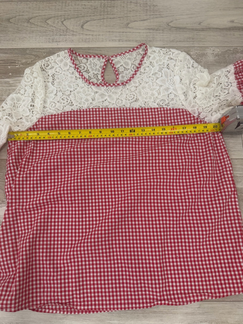 Marc New York Red White Gingham Check Lace Yoke Bell Sleeve Blouse Top L - Picture 10 of 11